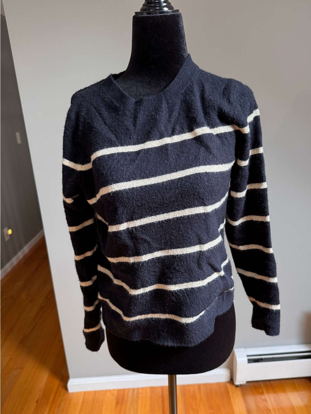 J. Crew Black and Cream Striped Crewneck Sweater